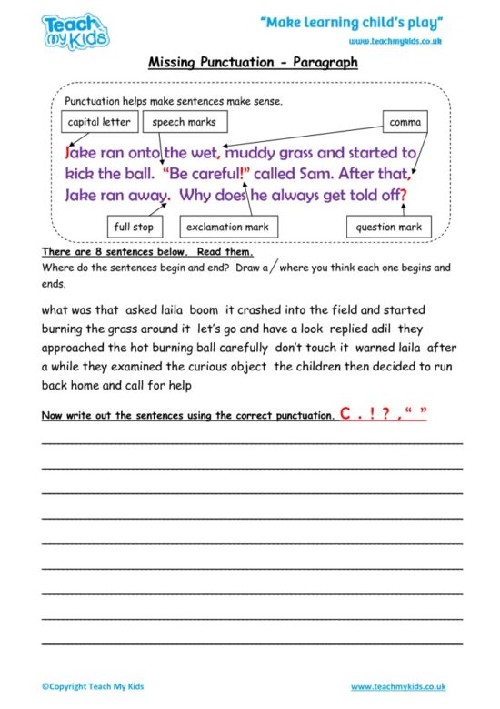 Worksheets for kids - missing punctuation – paragraph